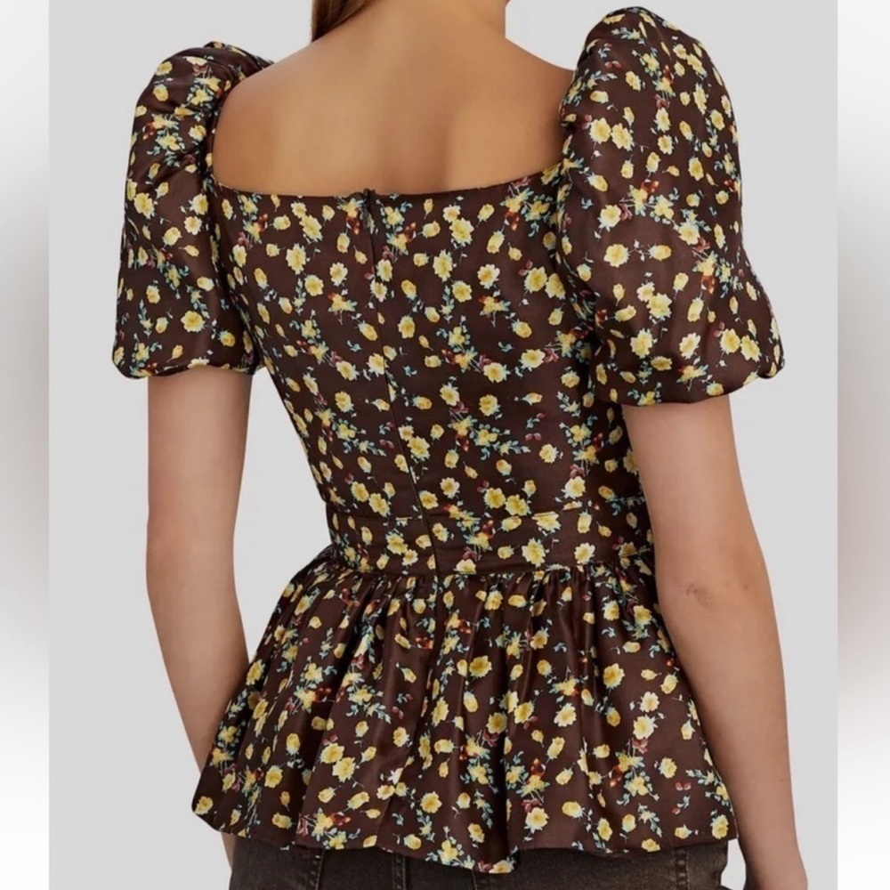 NWOT Autumn Adeigbo Bridgette Puff Sleeve Cut-Out Top Brown Yellow Floral - Picture 16 of 16